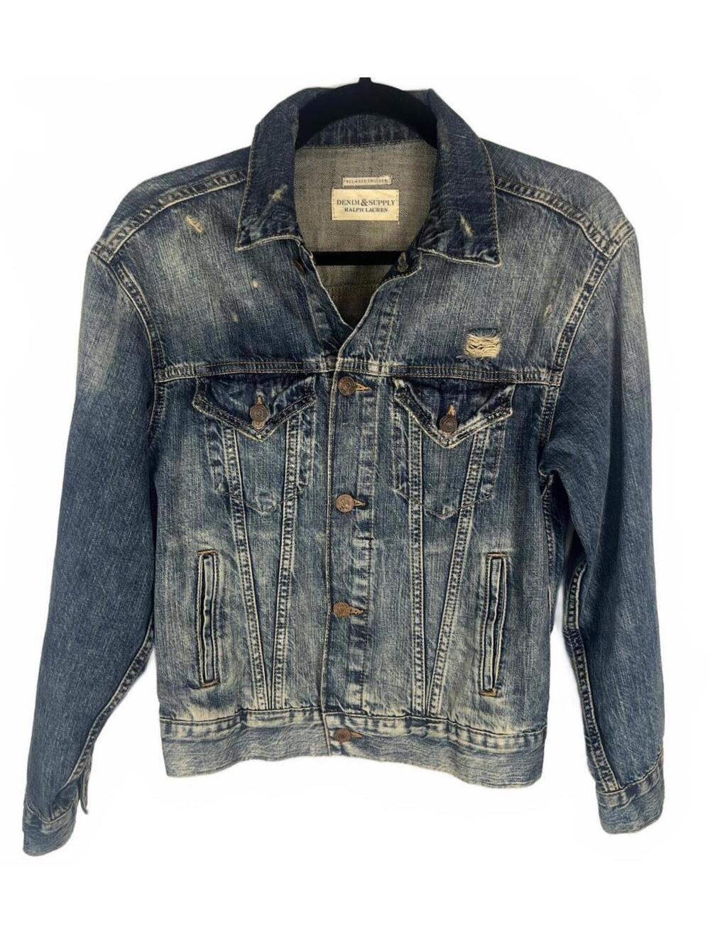 Denim & Supply Ralph Lauren Distressed Denim Trucker Streetweat Jacket - Small
